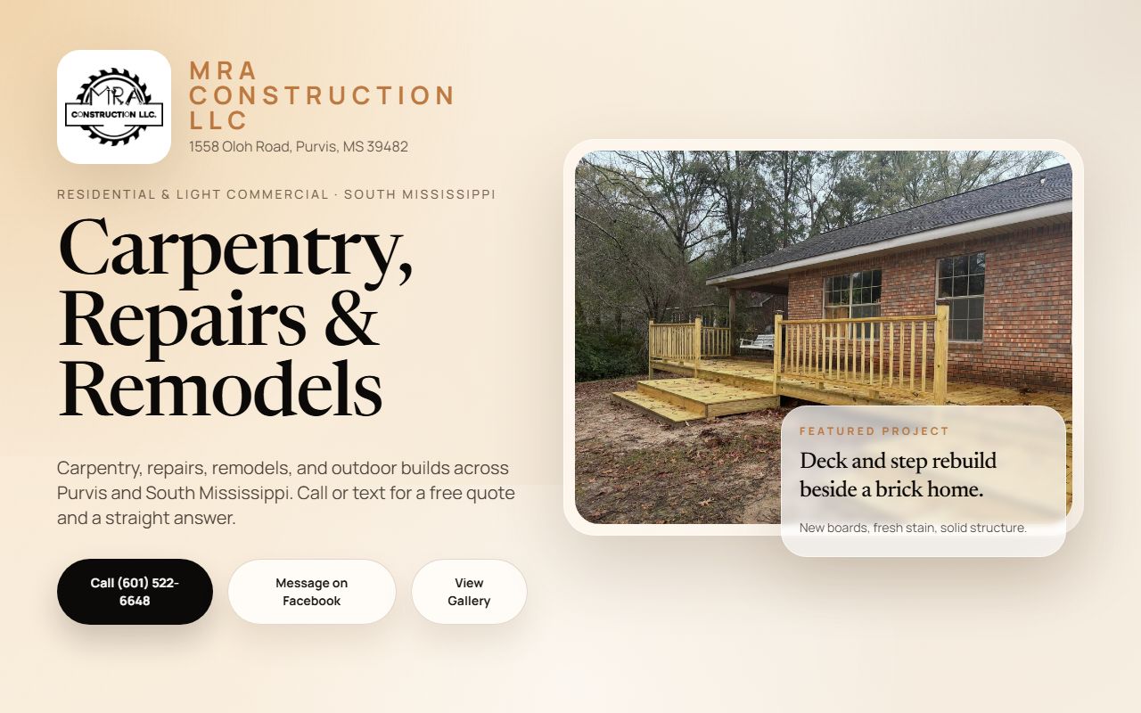 MRA Construction website homepage